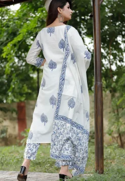Block Printed Cotton Pakistani Suit in Off White