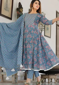 Block Printed Cotton Pakistani Suit in Light Blue