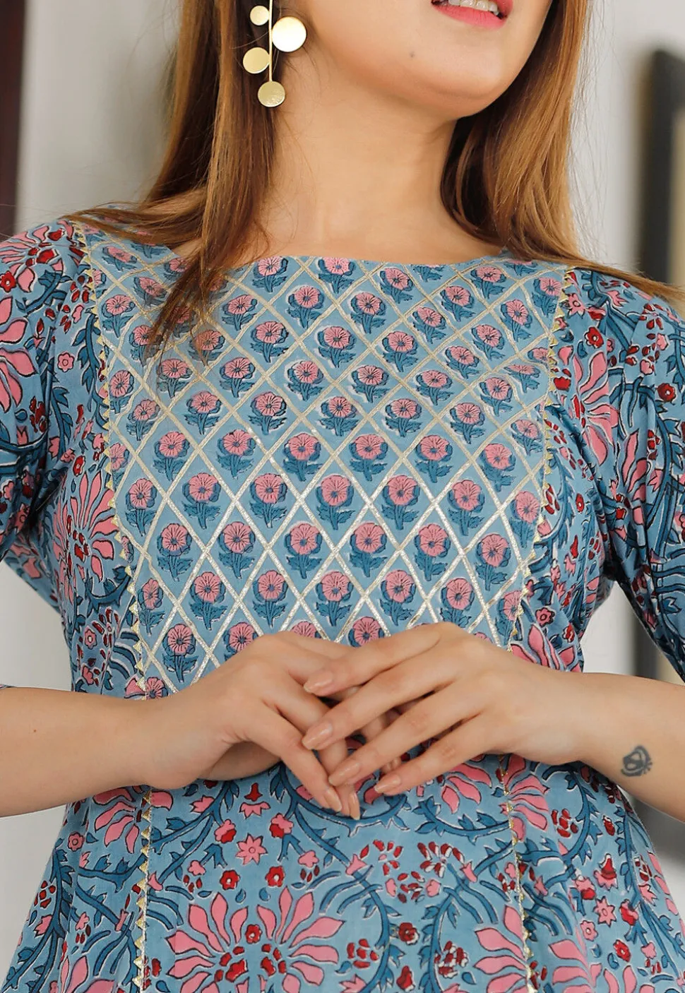 Block Printed Cotton Pakistani Suit in Light Blue