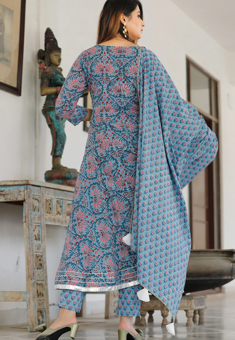 Block Printed Cotton Pakistani Suit in Light Blue