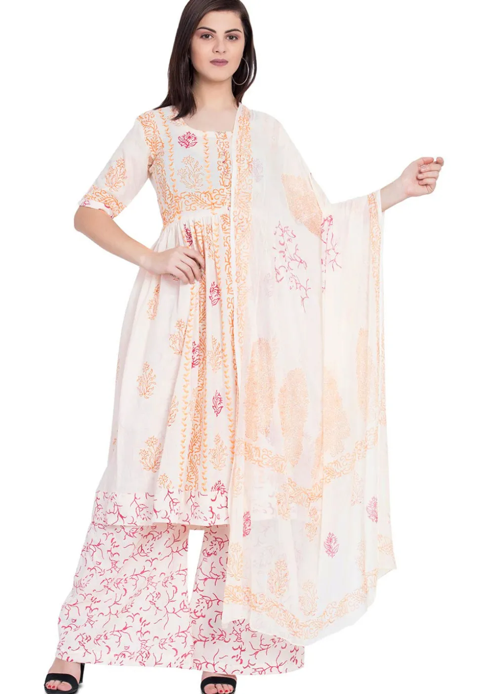 Block Printed Cotton Pakistani Suit in Off White