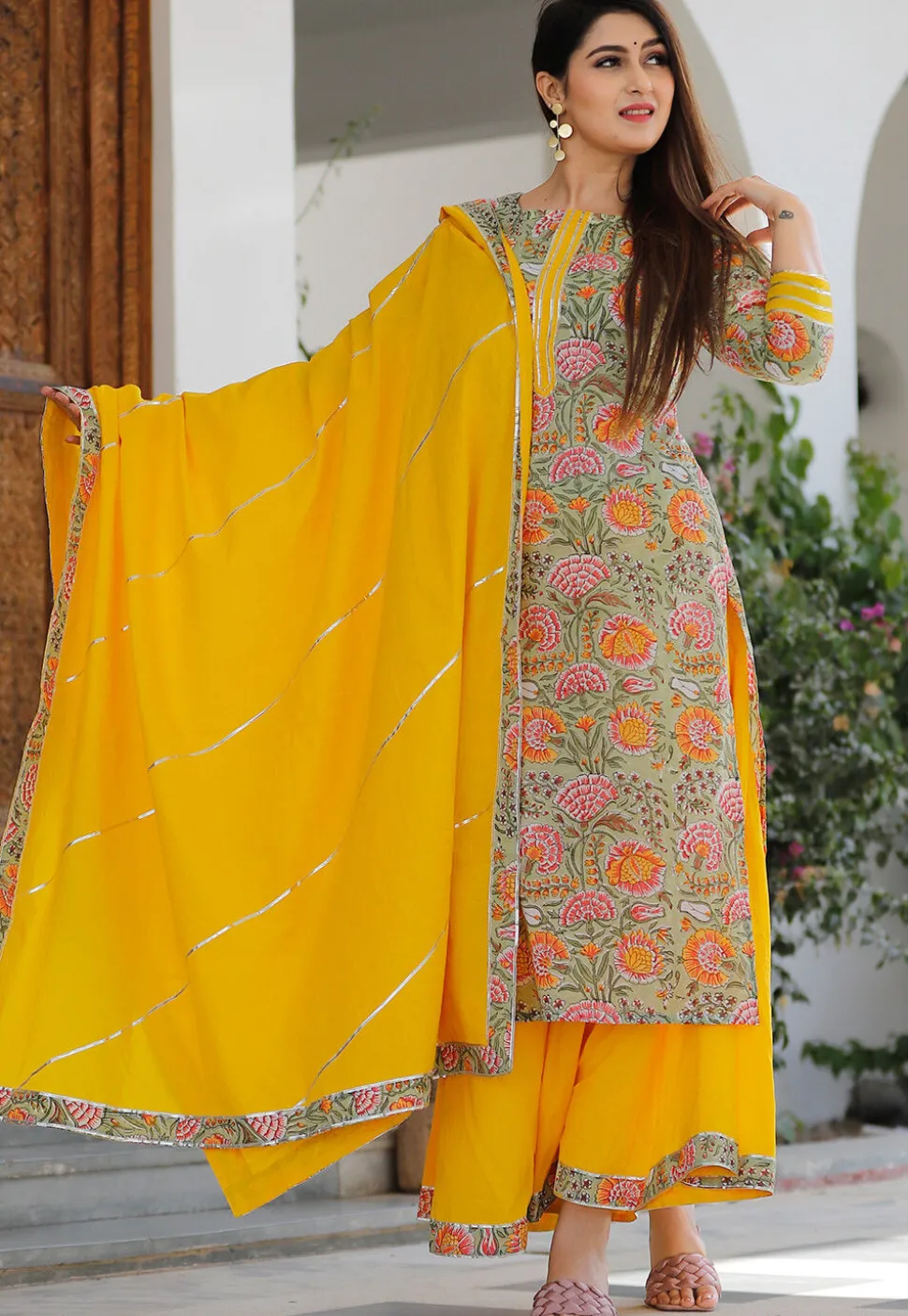 Block Printed Cotton Pakistani Suit in Dusty Green