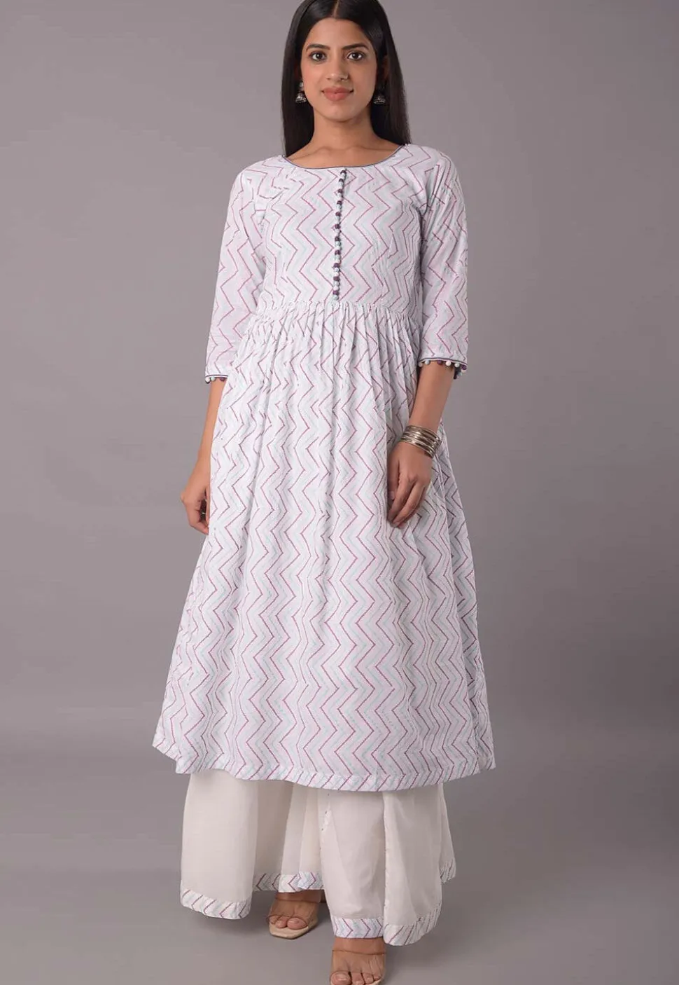 Block Printed Cotton Pakistani Suit in Off White