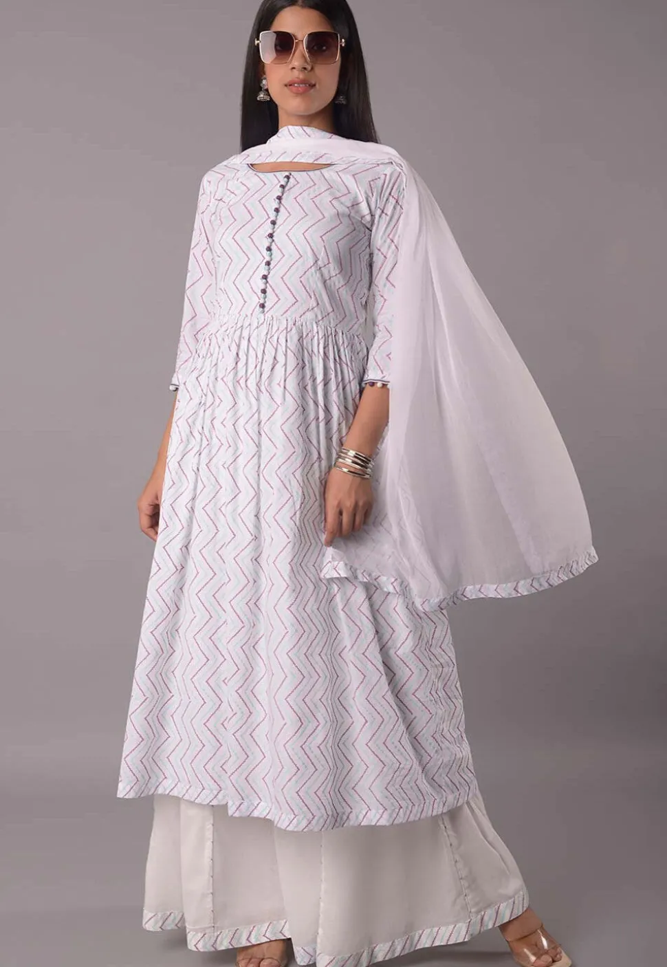 Block Printed Cotton Pakistani Suit in Off White