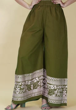 Block Printed Cotton Palazzo in Olive Green