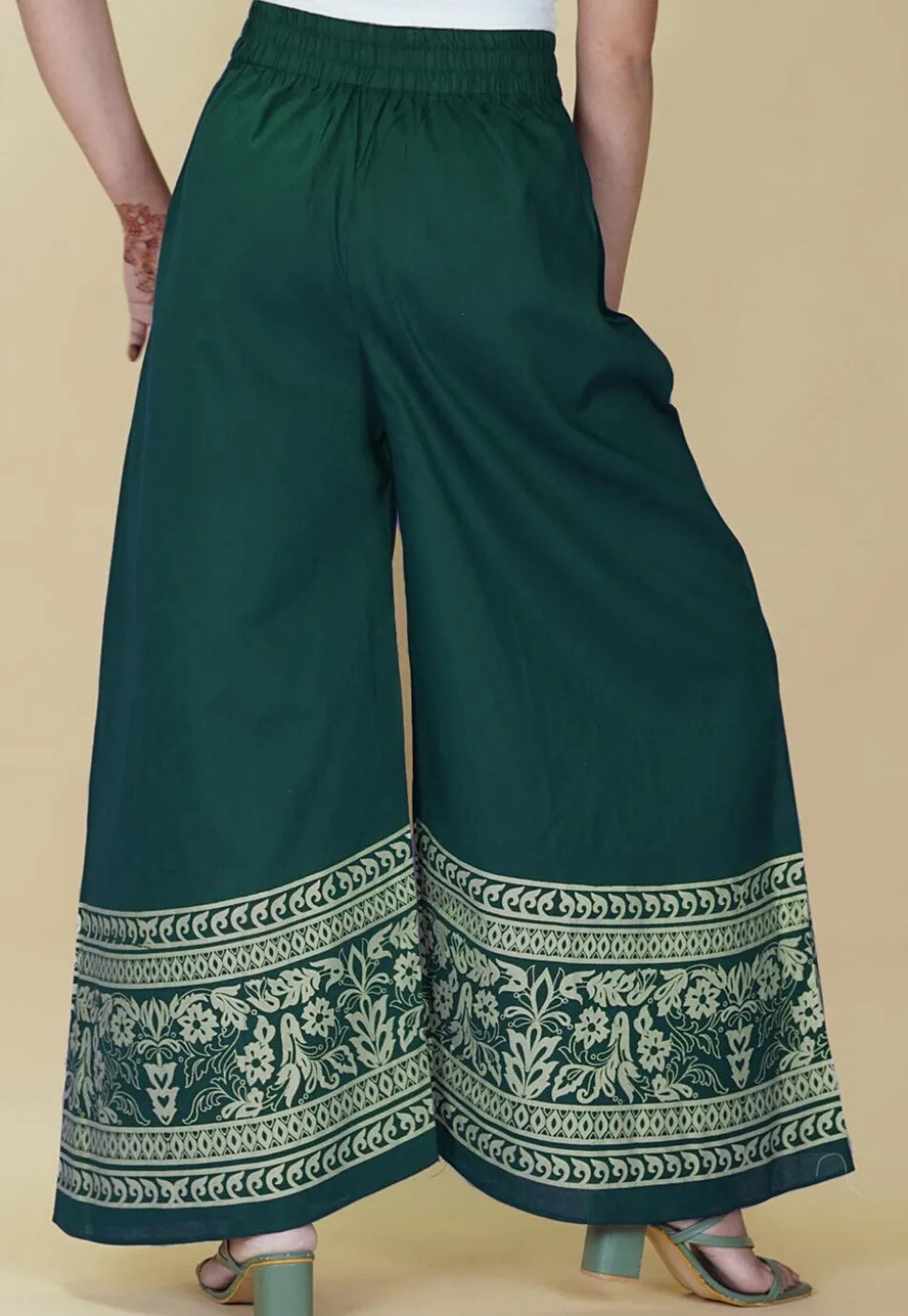 Block Printed Cotton Palazzo in Teal Green