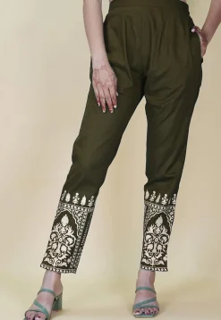 Block Printed Cotton Pant inOlive Green