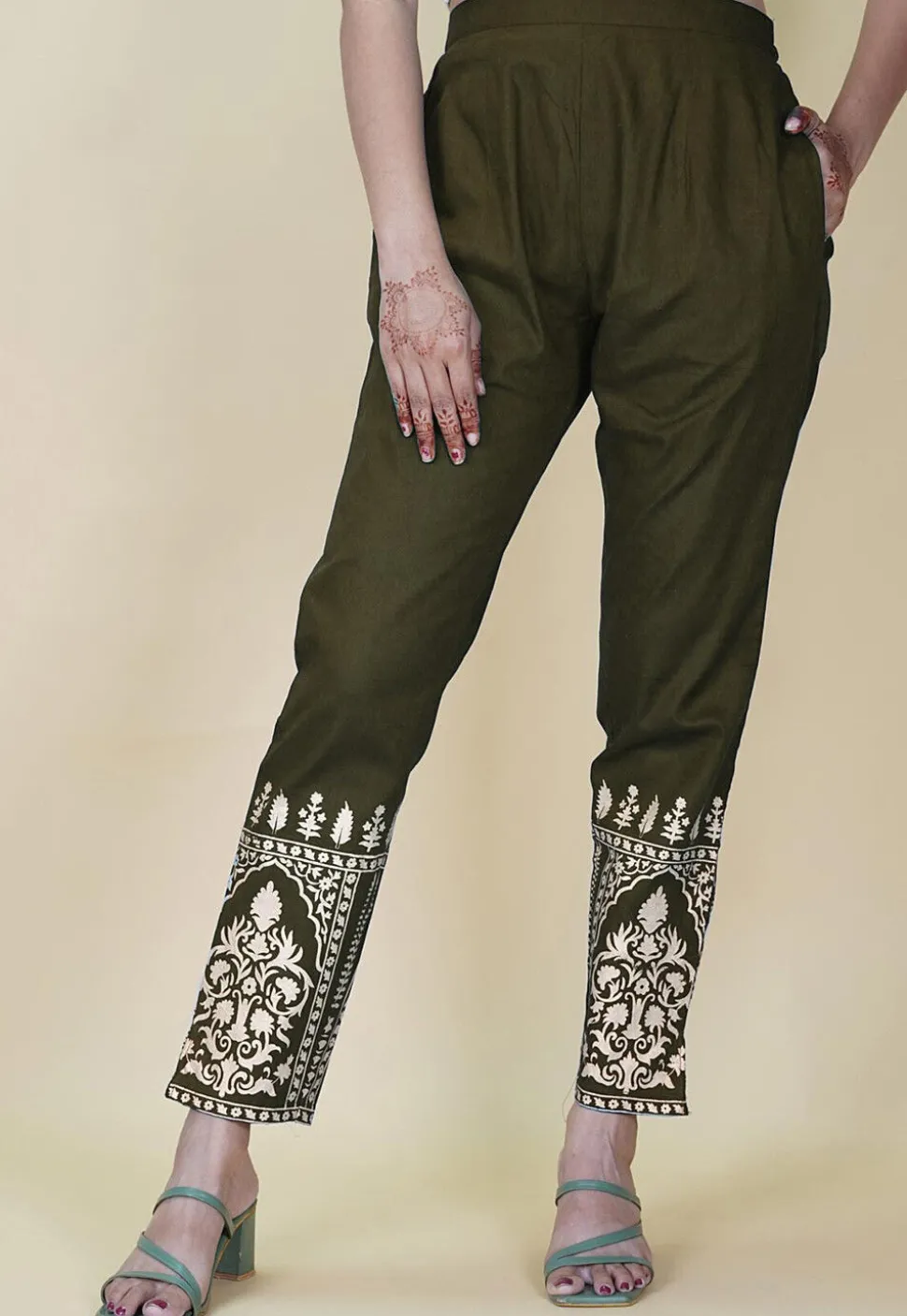Block Printed Cotton Pant inOlive Green