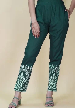 Block Printed Cotton Pant inTeal Green