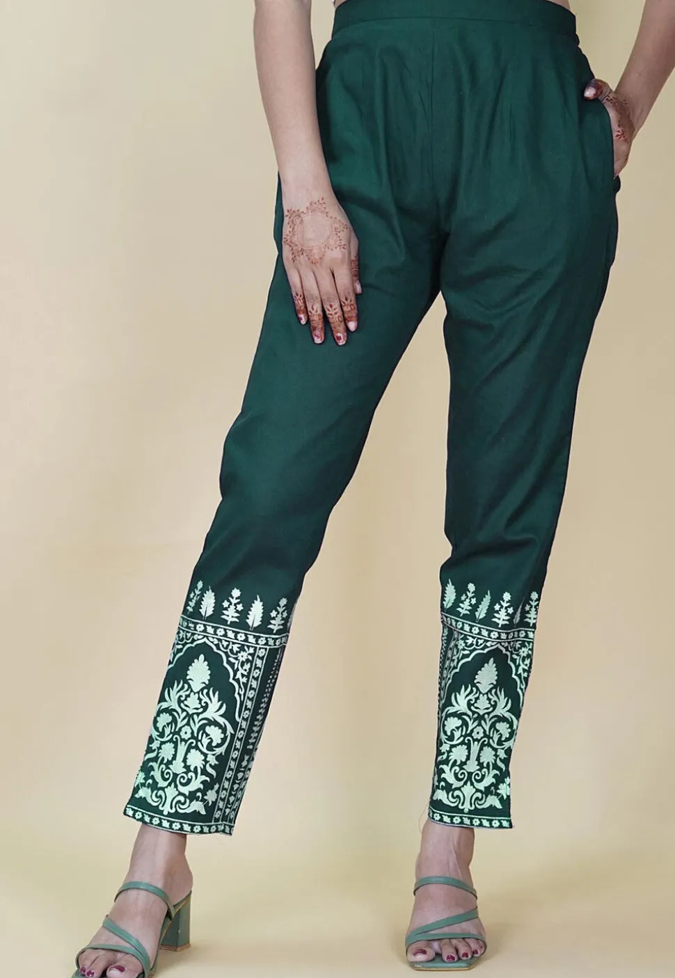 Block Printed Cotton Pant inTeal Green
