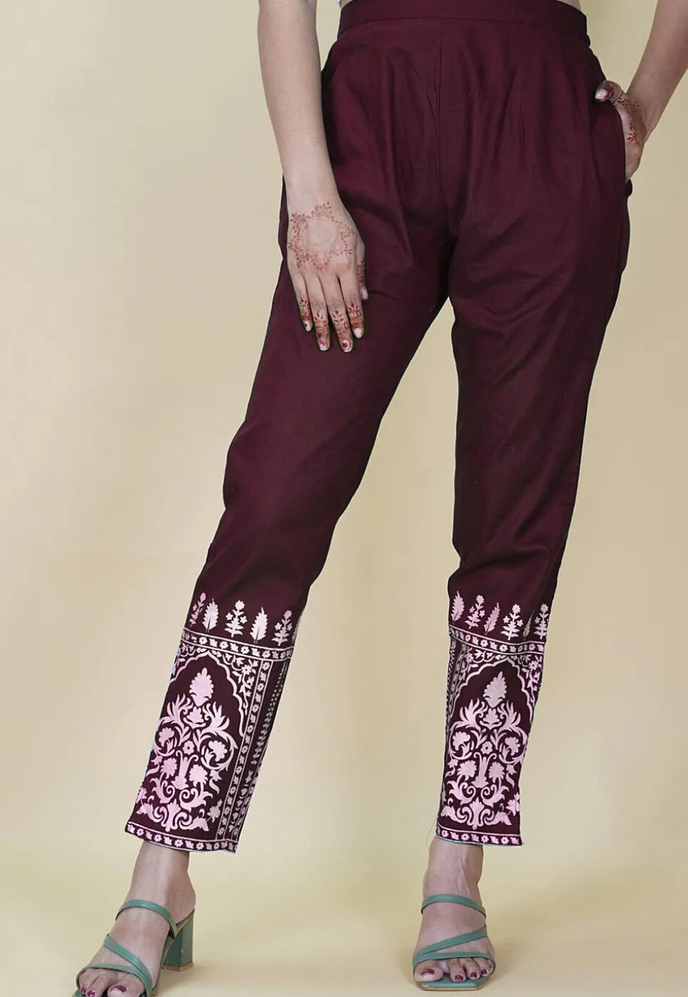 Block Printed Cotton Pant inMaroon