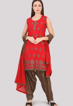Block Printed Cotton Punjabi Suit in Red