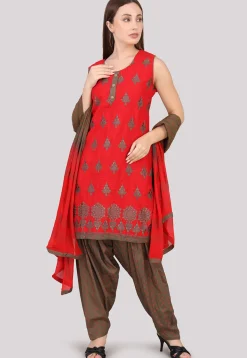 Block Printed Cotton Punjabi Suit in Red
