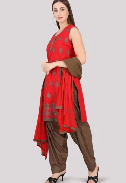 Block Printed Cotton Punjabi Suit in Red
