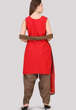 Block Printed Cotton Punjabi Suit in Red