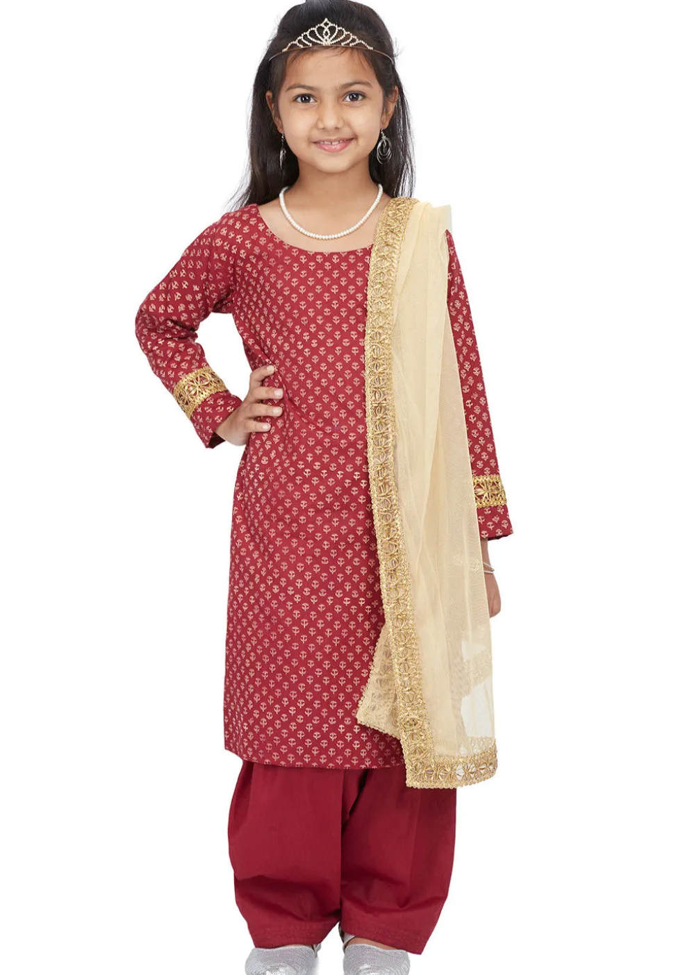Block Printed Cotton Punjabi Suit in Maroon