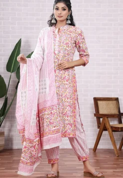 Block Printed Cotton Punjabi Suit in Off White