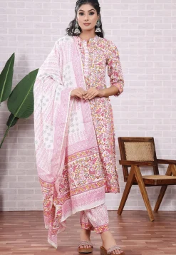 Block Printed Cotton Punjabi Suit in Off White