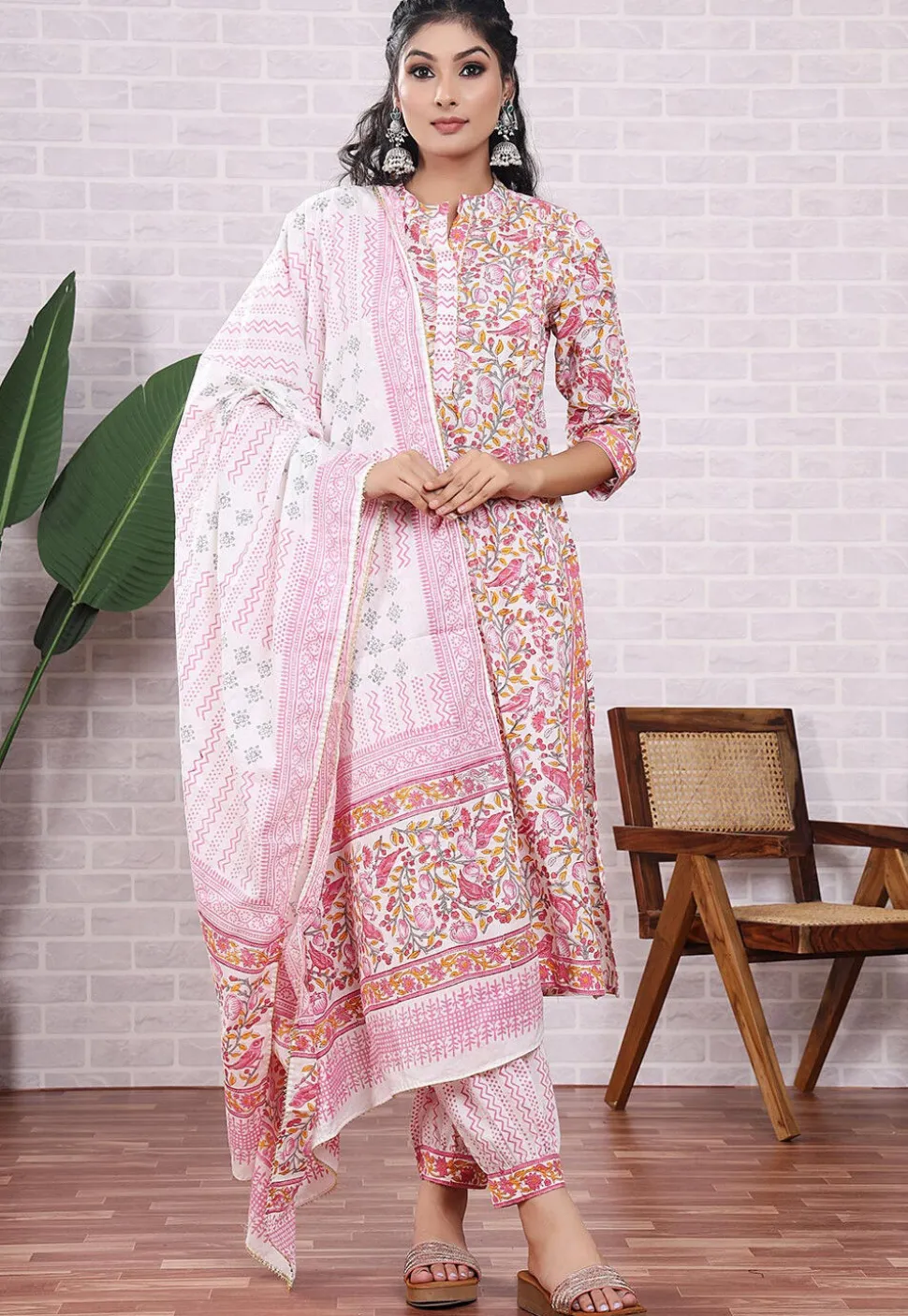Block Printed Cotton Punjabi Suit in Off White