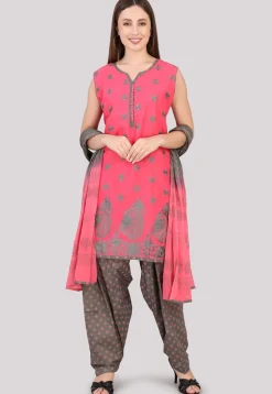 Block Printed Cotton Punjabi Suit in Pink