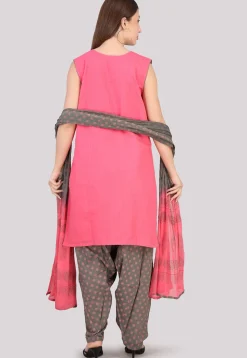 Block Printed Cotton Punjabi Suit in Pink