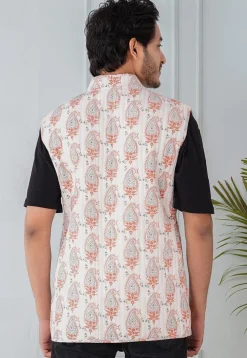 Block Printed Cotton Reversible Warm Jacket in Orange and White