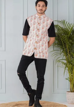 Block Printed Cotton Reversible Warm Jacket in Orange and White