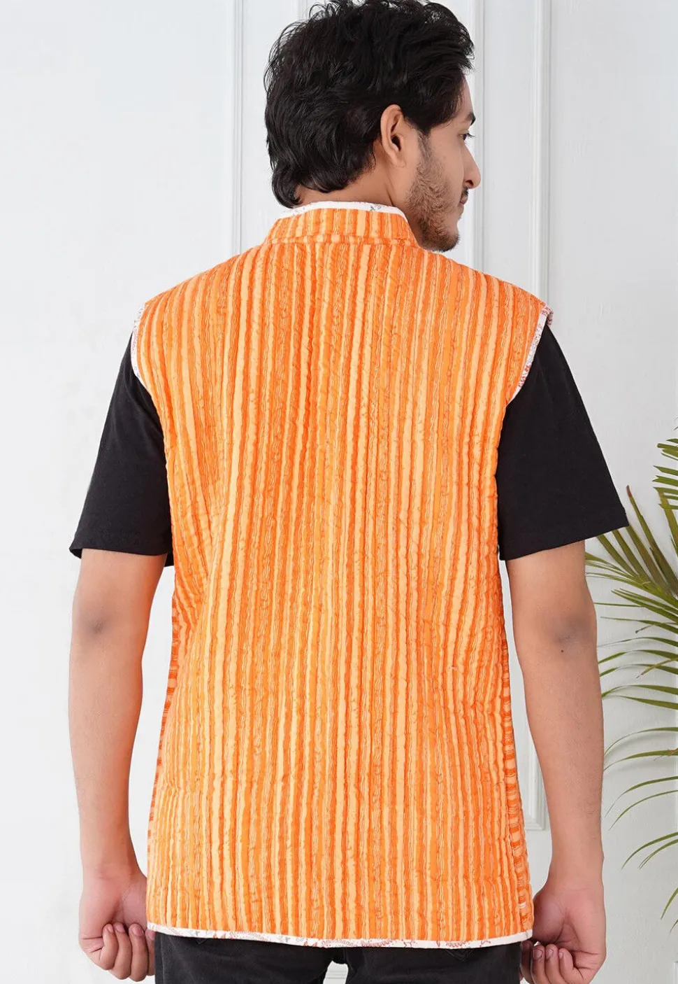 Block Printed Cotton Reversible Warm Jacket in Orange and White