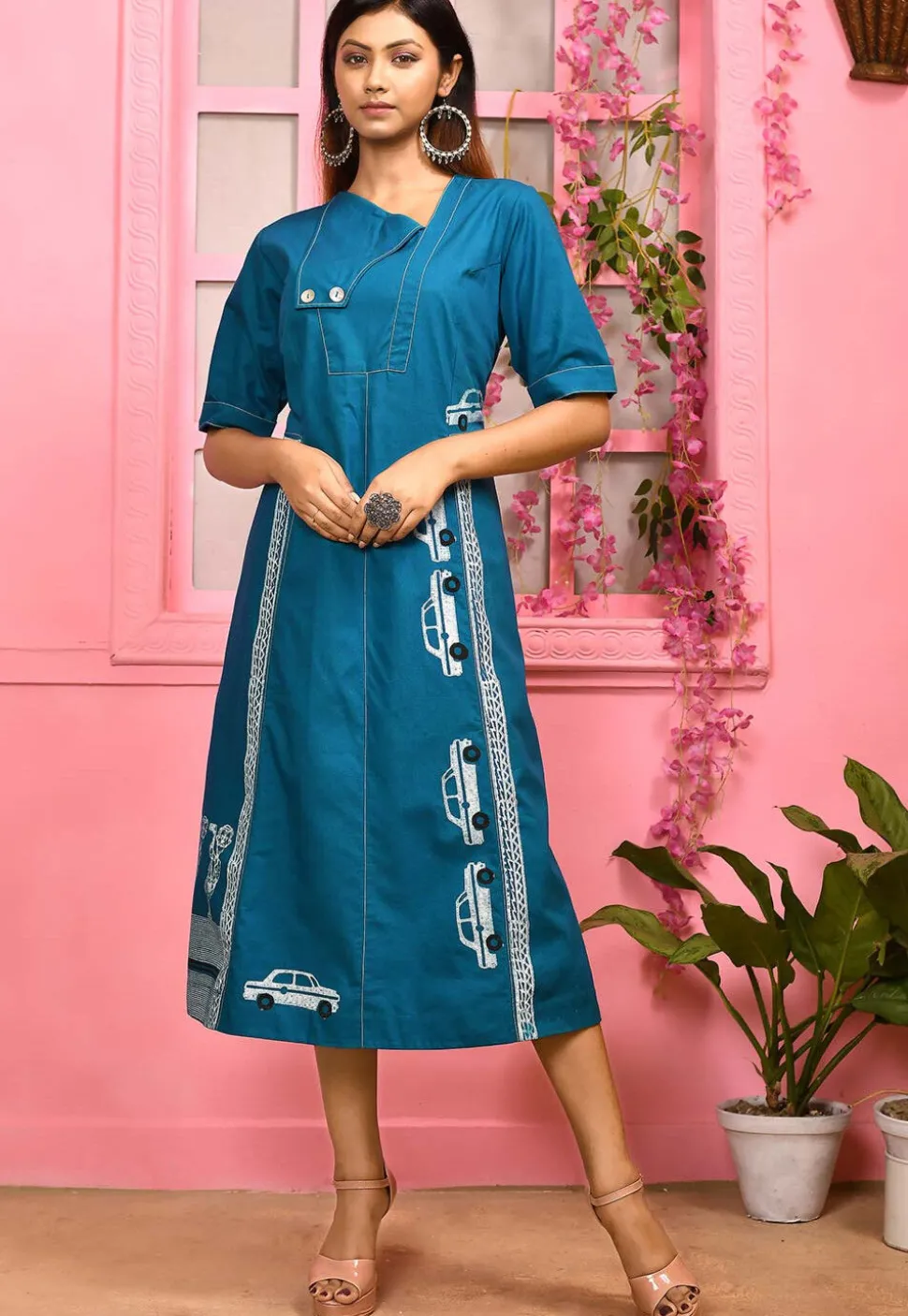 Block Printed Cotton Sheath Dress in Blue