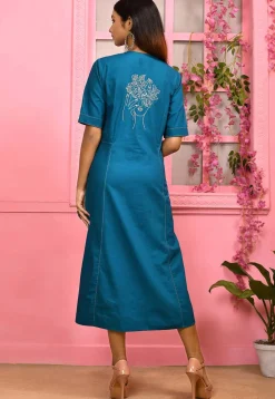 Block Printed Cotton Sheath Dress in Blue