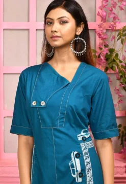 Block Printed Cotton Sheath Dress in Blue