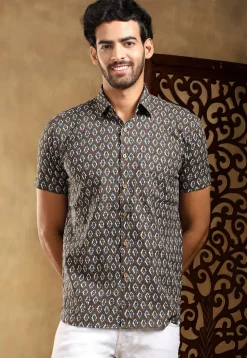Block Printed Cotton Shirt in Brown