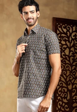 Block Printed Cotton Shirt in Brown