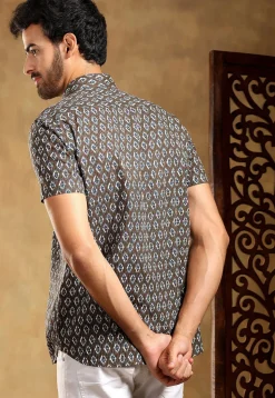 Block Printed Cotton Shirt in Brown