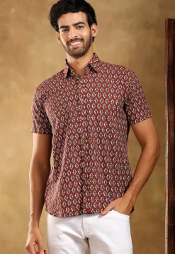 Block Printed Cotton Shirt in Maroon