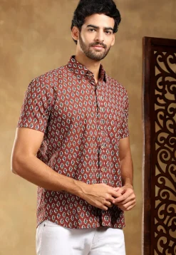 Block Printed Cotton Shirt in Maroon