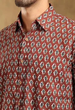 Block Printed Cotton Shirt in Maroon