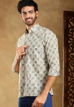 Block Printed Cotton Shirt in Off White