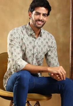 Block Printed Cotton Shirt in Off White