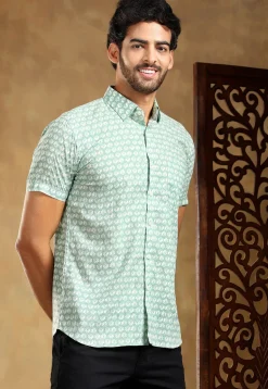 Block Printed Cotton Shirt in Pastel Green