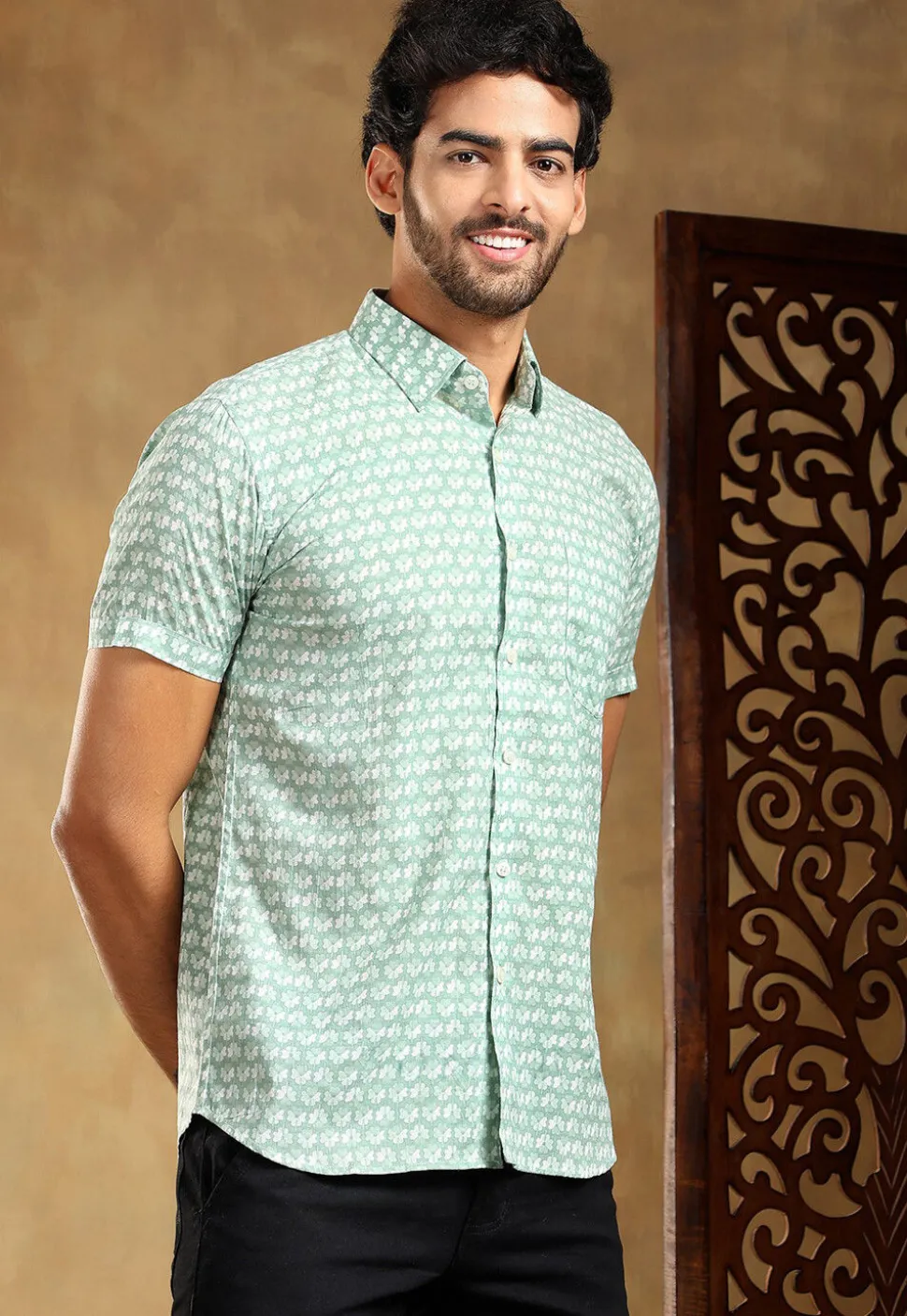 Block Printed Cotton Shirt in Pastel Green