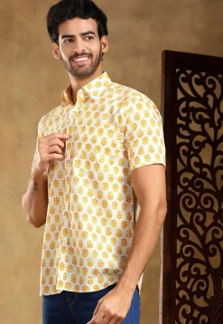 Block Printed Cotton Shirt in Off White
