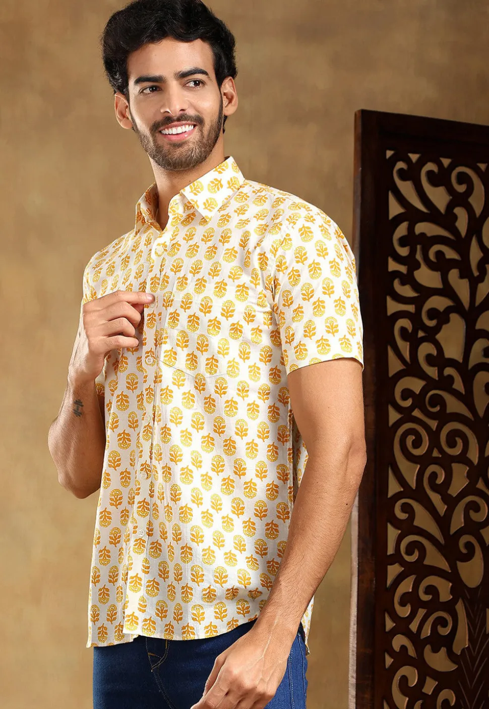 Block Printed Cotton Shirt in Off White
