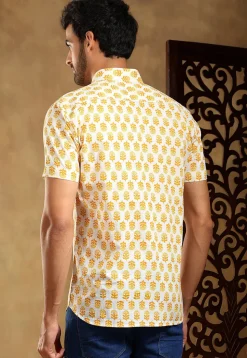 Block Printed Cotton Shirt in Off White
