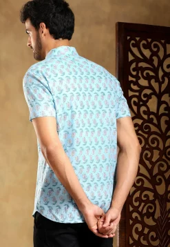 Block Printed Cotton Shirt in Pastel Blue