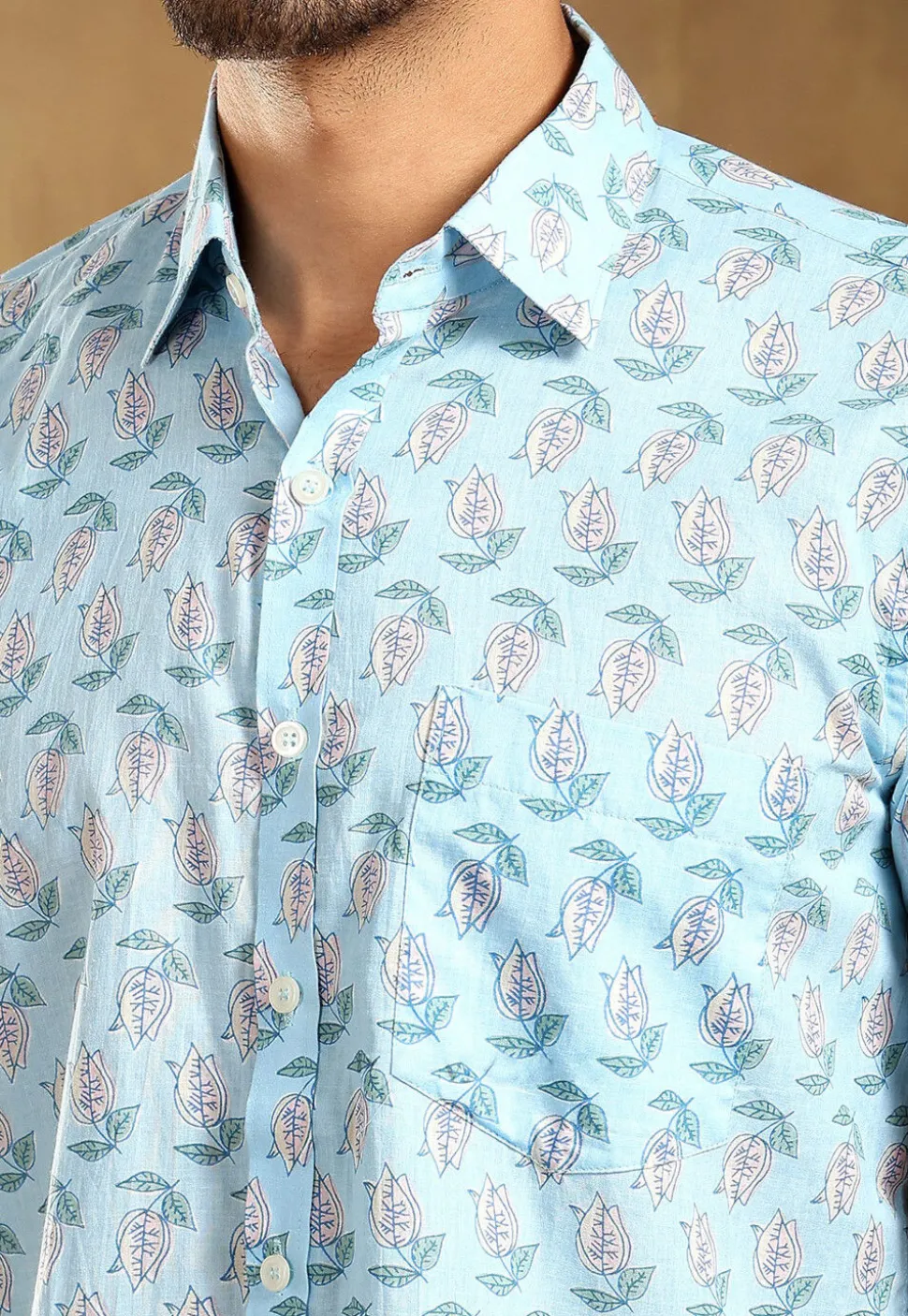 Block Printed Cotton Shirt in Pastel Blue