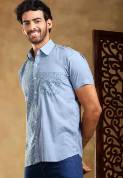 Block Printed Cotton Shirt in Pastel Blue