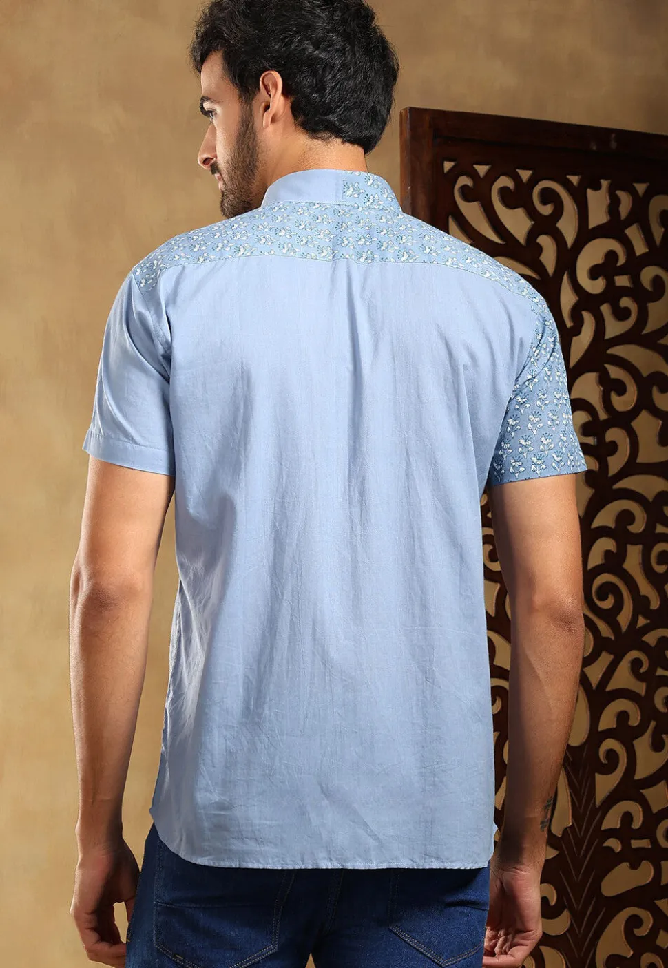 Block Printed Cotton Shirt in Pastel Blue