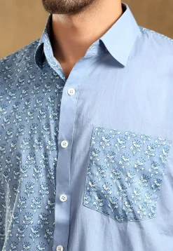 Block Printed Cotton Shirt in Pastel Blue