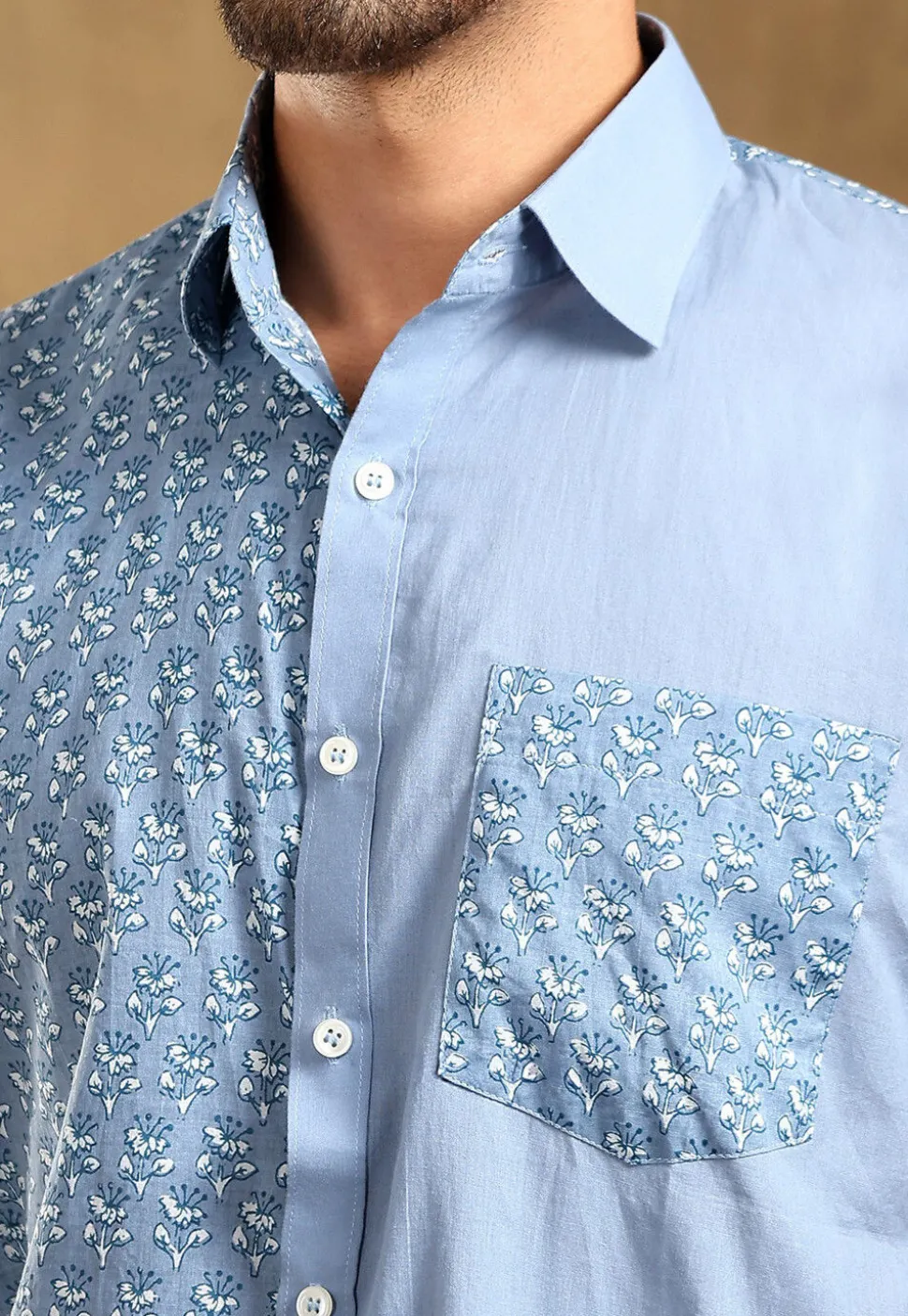 Block Printed Cotton Shirt in Pastel Blue
